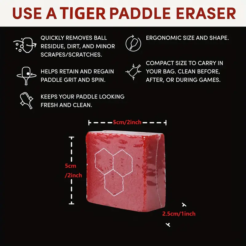 Fast & Easy Tiger Pickleball Paddle Eraser | Carbon Fiber Racket Cleaner with Hexagonal Rubber Bars