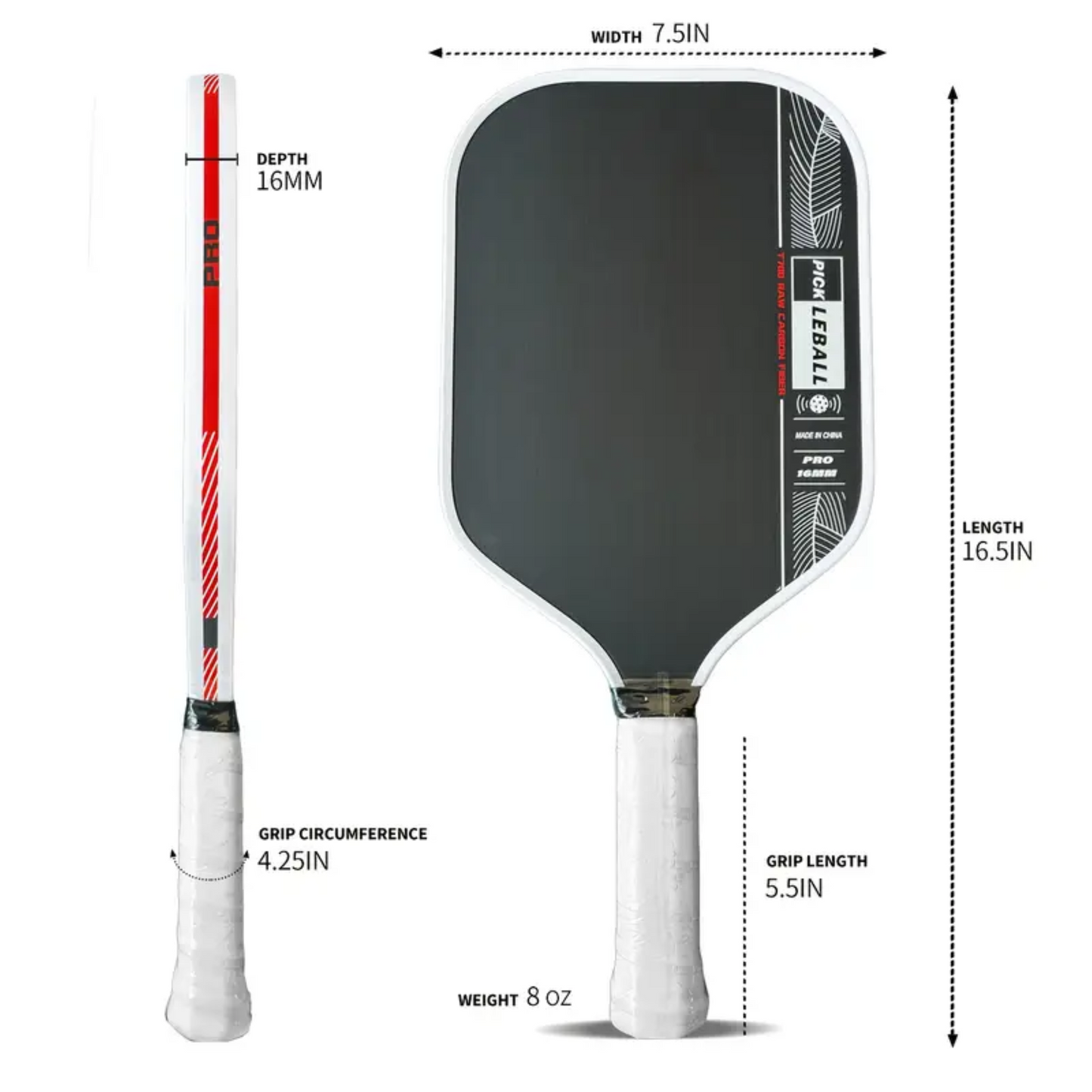 Pro 16mm Honeycomb Paddle - Textured Carbon Surface for Ultimate Spin & Control