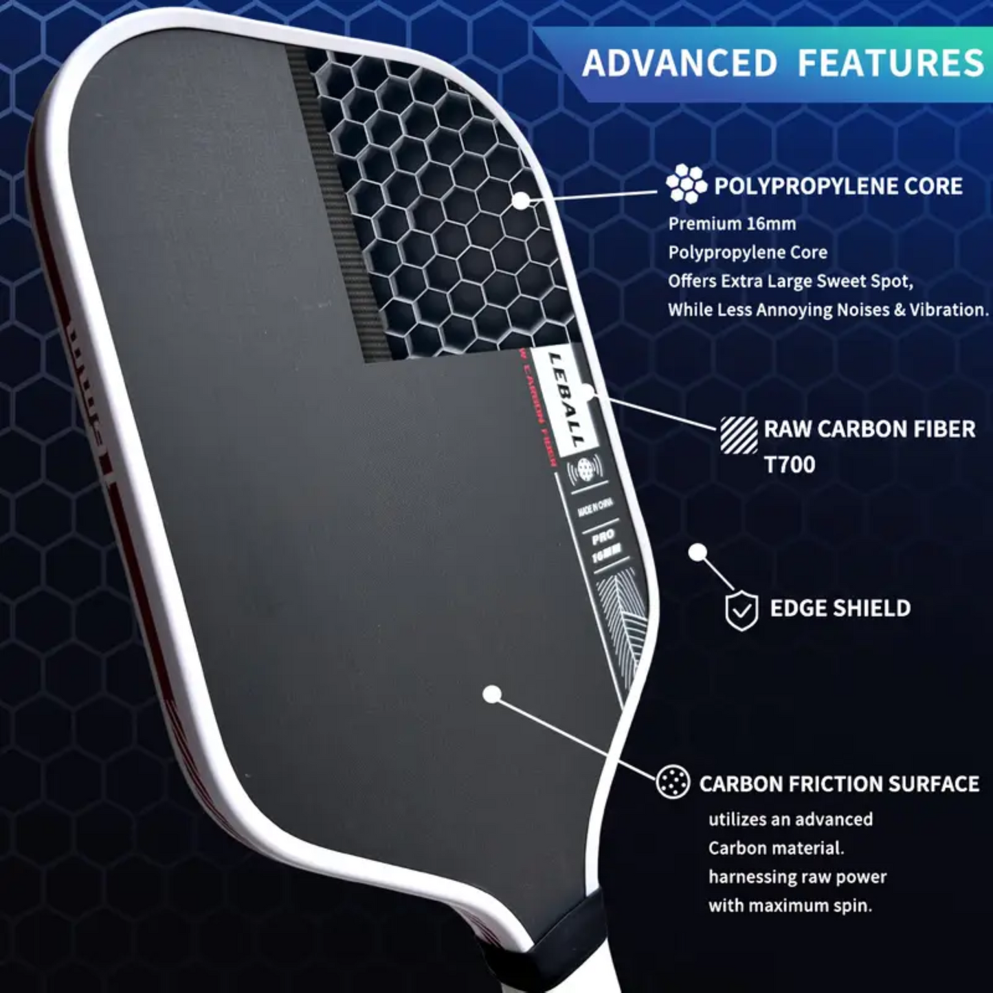 Pro 16mm Honeycomb Paddle - Textured Carbon Surface for Ultimate Spin & Control