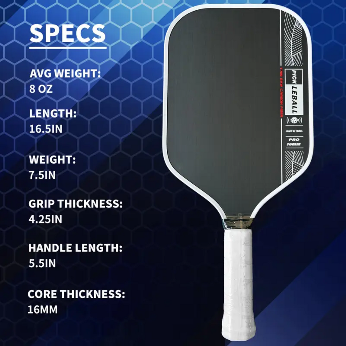 Pro 16mm Honeycomb Paddle - Textured Carbon Surface for Ultimate Spin & Control