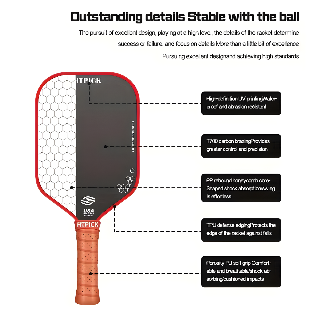 HTPICK Professional Pickleball Paddle - 16MM T700 Textured Carbon Fiber Racket